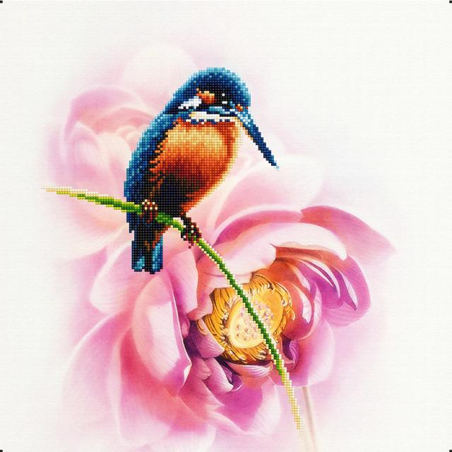 Kit de Bordado Pássaro e Flor com Contas: Arte e Artesanato em Ponto Cruz com Grânulos de Semente em Algodão e Tela Impressa de 3mm