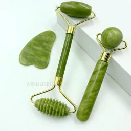 Rolo massageador de jade natural para rosto, corpo, costas, pés, rolo de massagem, levantamento facial, anti-rugas, ponta dupla, pedra de jade gua sha - Image 1