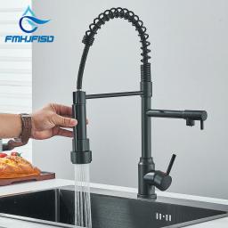 Torneira de cozinha pull down com bico duplo Rotação de 360 ° Torneira misturadora de água quente e fria Single Handle Guindaste para pia montado no deck - Image 1