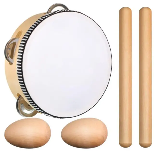 Pandeiros e Instrumentos de Percussão para Crianças - Conjunto Musical com Bastões de Ritmo Naturais e Cascavéis de Ovo de Madeira - 5 Peças de Brinquedo Ideal como Presente