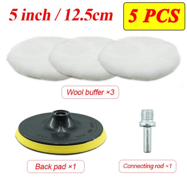 Conjunto de 5 Almofadas de Polimento de Lã para Carros - Tamanhos de 3 a 7 Polegadas para Cera e Cuidados com a Pintura