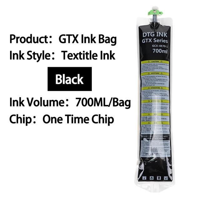 GTX Ink Bag com One Time Chip, Tinta DTG têxtil para o irmão, GTX-422, GTX-423, GTXPRO Series Printer, 700ml por saco