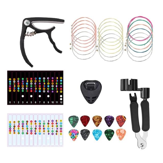 Kit Completo de Cordas para Guitarra com Suporte para Picks, Ferramenta Acústica, Adesivos para Escala e Acessórios - 18 Peças Essentials