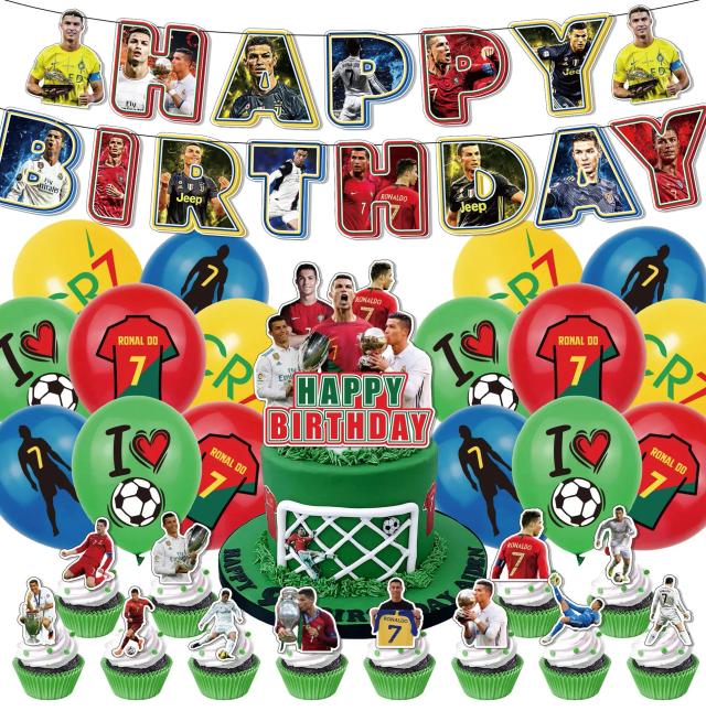 Decoração de Aniversário Infantil com Tema de Futebol: Conjunto de Banner, Topper de Bolo e Balões Inspirados em Ronaldo