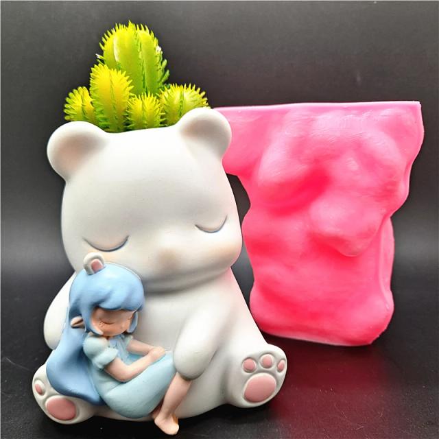 Molde de Silicone 3D para Vaso de Flores Artesanal em Resina, Gesso e Concreto com Design de Urso Branco DIY