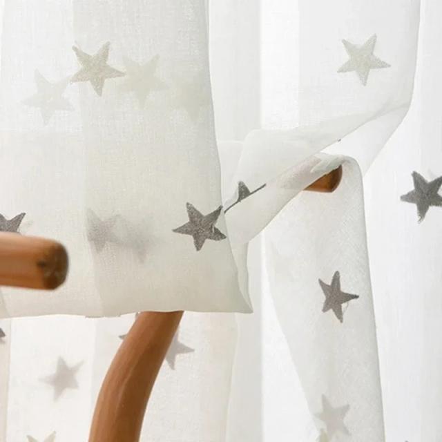 Cortina de Algodão e Linho Estrelada em Cinza e Rosa para Quarto Infantil com Tule Transparente