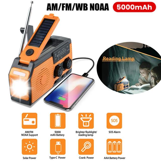 4000mah portátil de emergência rádio energia solar manivela carregamento am/fm rádio meteorológico led leitura lanterna banco carregador telefone