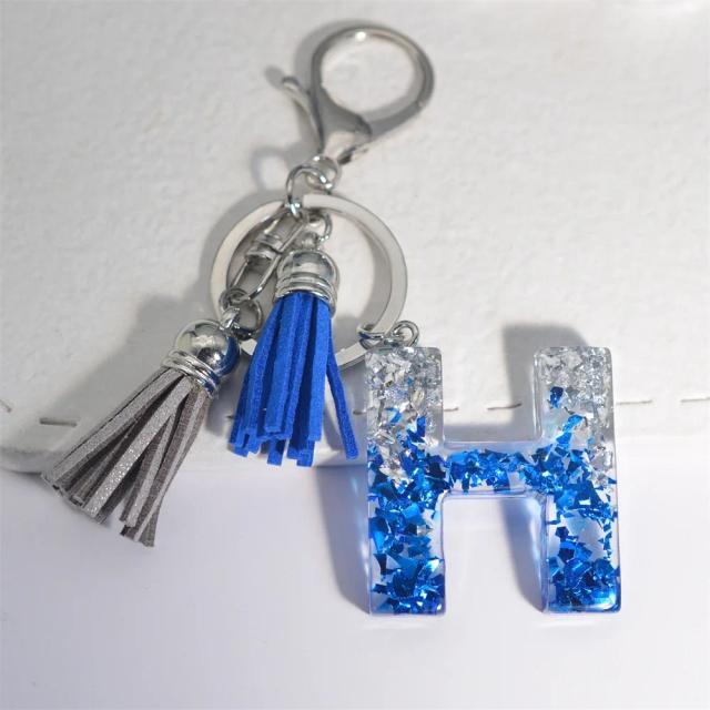 Chaveiros Personalizados de Letra com Glitter em Resina, Pingentes de Nome e Borla para Bolsas - Azul e Branco