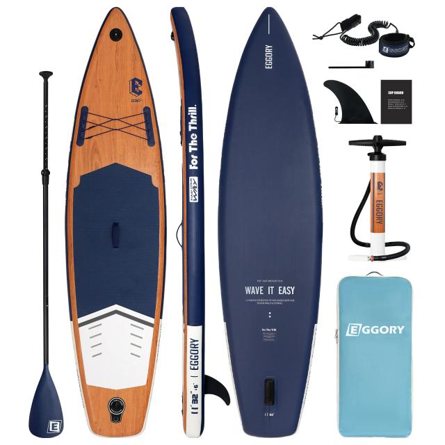 Prancha Inflável Antiderrapante Stand Up Paddle com Design em Madeira para Touring, Wakeboard e Longboard Surf.