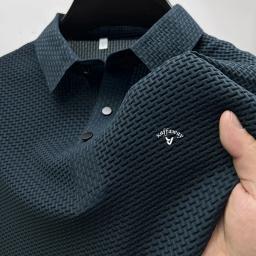 Camisa polo bordada masculina, Ice Cool Hollow, lapela de seda, camisa polo de malha, top confortável casual, moda luxuosa, verão, nova - Image 2