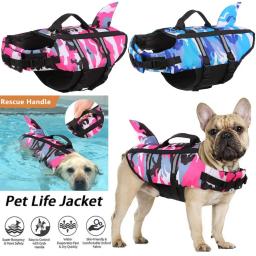 Cão de estimação colete salva-vidas roupas colete colete salva-vidas arnês cão de estimação natação verão roupa de banho roupas de camuflagem tubarão azul fúcsia - Image 1