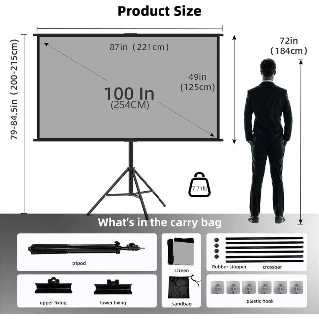 Tela de Projetor Anti-Luz com Suporte - Ângulo de Visão de 160° em Tamanhos de 60" a 120" para Uso Interno e Externo