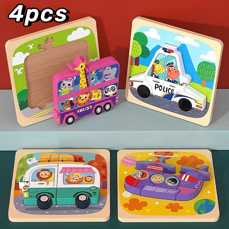 3d bebê quebra-cabeça de madeira montessori brinquedos crianças aprendendo educacional tangram forma tráfego animal dos desenhos animados quebra-cabeça jogos cognitivos - Image 1