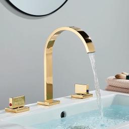 Senlesen 3 pçs conjunto de ouro torneira da bacia do banheiro três furos dupla cristal lidar com deck montado misturador água quente e fria da banheira - Image 2