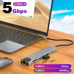 Rj45 100m/1000mbps ethernet para usb c adaptador docking station usb tipo c para hdmi hub 4k 30hz fone de ouvido pd 100w usb3 extensão - Image 5