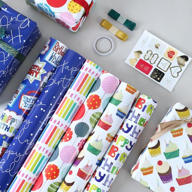 Conjunto de 6 Papéis de Embalagem Coloridos para Aniversário e Feriados - Ideal para Presentes Infantis e Scrapbook