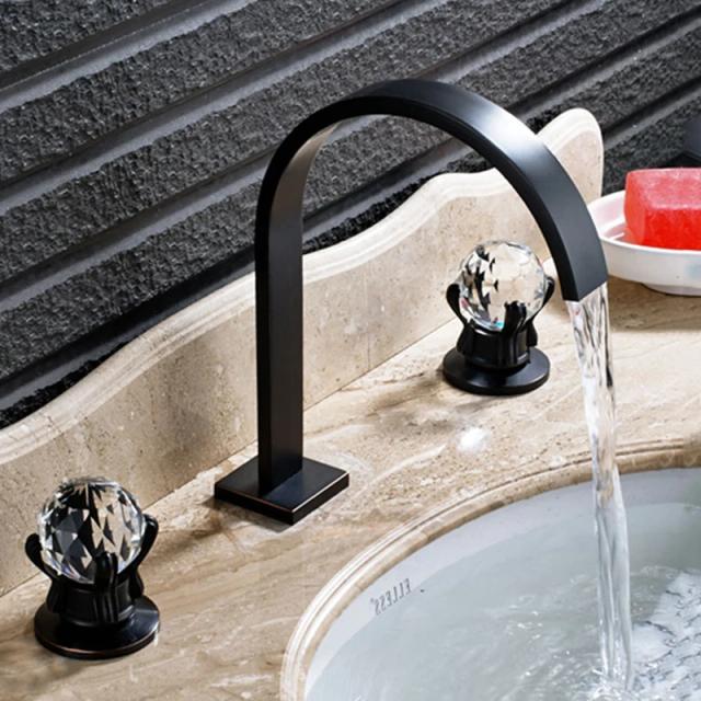 Conjunto Senlesen de 3 Peças: Torneira de Banheiro com Cristal Duplo para Misturador de Água Quente e Fria em Acabamento Dourado