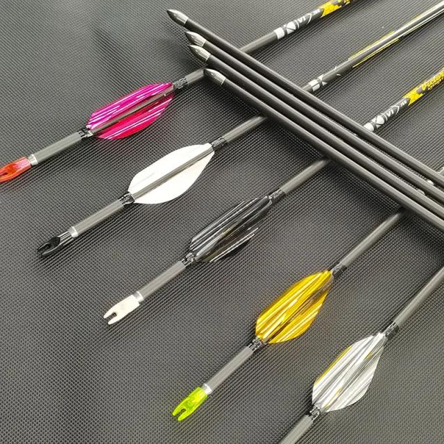 12pçs 30,5 polegadas id4.2mm flecha de carbono puro Spine350-900 com palhetas giratórias de 1,8 polegadas espiral pena arco recurvo caça tiro