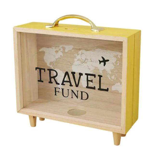 Caixa de Memória de Madeira com Slots e Design de Avião, Ideal para Bilhetes e Economia, com Mapa do Mundo e Estilo Aventura