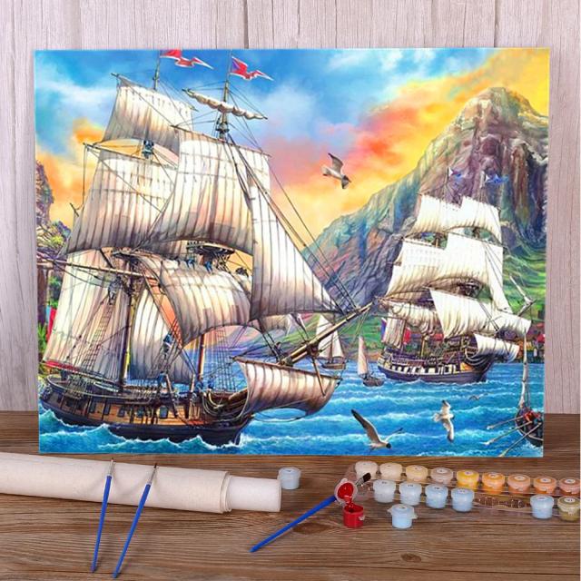Kit de Pintura por Números: Paisagem Oceânica com Navio - Tela 50x70 cm e Tintas a Óleo para Crianças e Arte de Parede