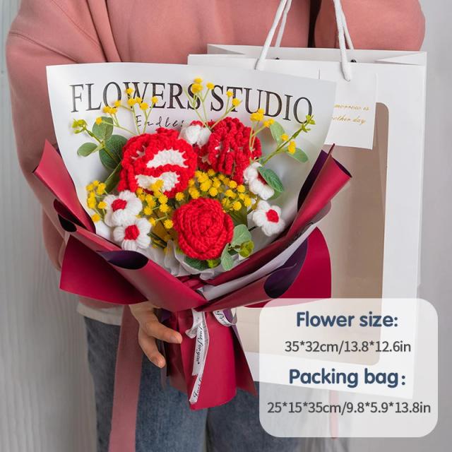Buquê de tricô rosa artesanal: flores de crochê criativas para casamentos, decoração de quartos e presentes especiais