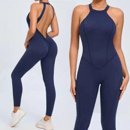 Conjunto de legging treino de ioga para mulheres, bodysuit fitness, esportes siameses, treino de ginástica, macacão único, roupa ativa, fivela no pescoço, 2021 - Image 3