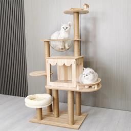 Torres de gato de madeira para gatos grandes com múltiplos hamocks, brinquedos ao ar livre, coçar pad, suprimentos de treinamento, gatinho acessórios - Image 1
