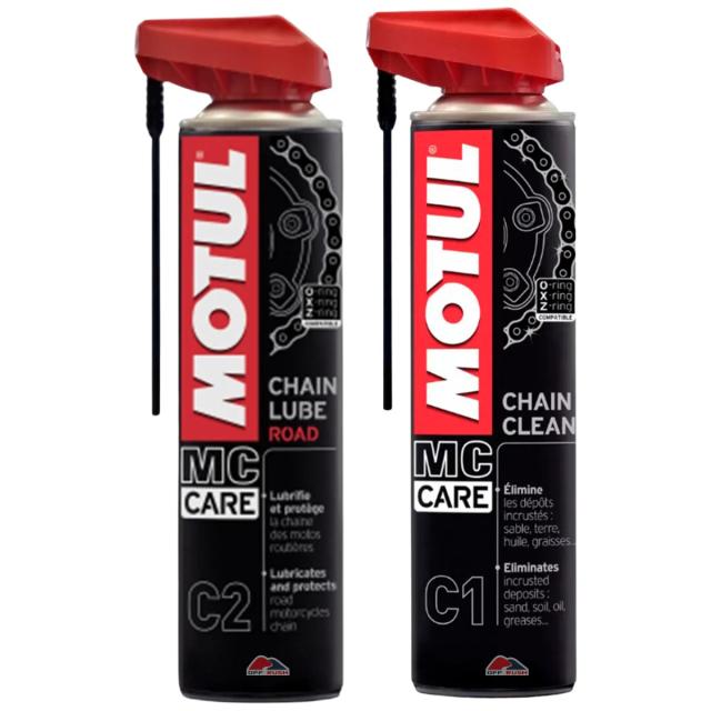Kit Completo de Limpeza e Lubrificação para Correntes de Motos On Road Motul C1 + C2 Chain Clean Lube