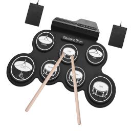 Kit de Bateria Eletrônica para Iniciantes e Crianças, Conjunto de Bateria de Silicone Roll-Up, Almofadas de Bateria Digital 7 com Baquetas, Pedais, Presentes para Crianças, USB - Image 1