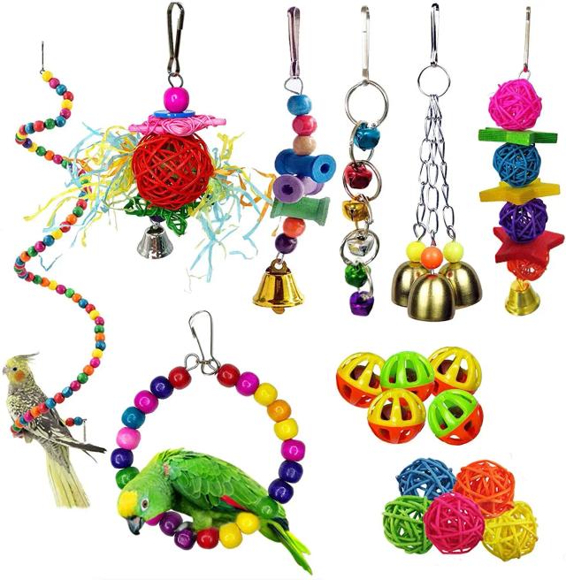 Conjunto de 17 Brinquedos Coloridos para Pássaros: Sinos, Bolas Pendentes e Anéis de Madeira para Entretenimento na Gaiola