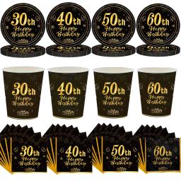 Chapas De Papel De Festa De Aniversário, Copos De Guardanapos, Preto e Dourado, Decores para Homens e Mulheres, 30, 40, 50, 60th, 30th, 40th, 50th, 60th - Image 1