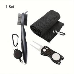 1 pc toalha de golfe preta microfibra waffle padrão toalha de golfe (30*50cm, 12*20in) |   Escova para limpeza de ranhuras do clube |   Divot Rep Dobrável - Image 1