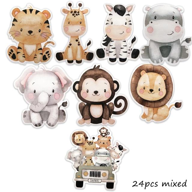 Adesivos de Animais Selvagens para Crianças - Decoração de Festa, Embalagem de Doces e Bolinhos, Tema Selva e Safari, 24 Peças