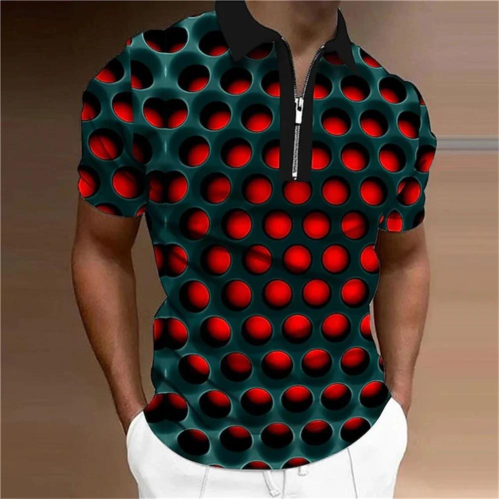 Verão gola masculina camisa polo golfe ilusão óptica impressão 3d rua manga curta zíper imprimir roupas designer respirável - Image 1