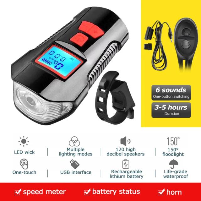 Luz Frontal Recarregável USB para Bicicleta com Chifre e Velocímetro à Prova d'Água - Acessórios 3 em 1 para Mountain Bike