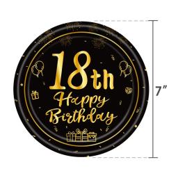Conjuntos de Talheres Descartáveis para Decoração de Festa, Prato de Papel e Guardanapo e Copo, Preto e Dourado, Feliz Aniversário de 18 Anos, 8 Convidados, 18 Anos - Image 4