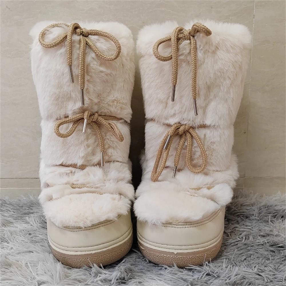 Botas de pele sintética y2k botas de neve femininas luxo fofo peludo mid-claf botas de esqui brancas mulher quente grosso forrado botas de algodão - Image 1