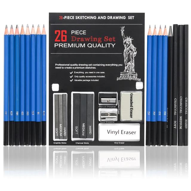 Conjunto de 26 peças de lápis para esboço: Kit de ferramentas de arte para iniciantes e artistas adolescentes