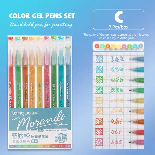 Conjunto de Canetas Gel Morandi para DIY e Scrapbook - 9 Canetas Coloridas 0.5mm Ideal para Estudantes e Papelaria
