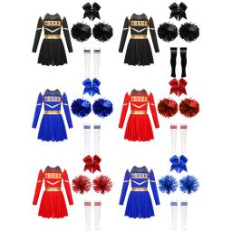 Fato de torcida feminino, Líder de torcida, Vestido de dança brilhante, Uniforme com Pom Poms, Esportes do Dia das Bruxas, Roupas alegres, Crianças - Image 6