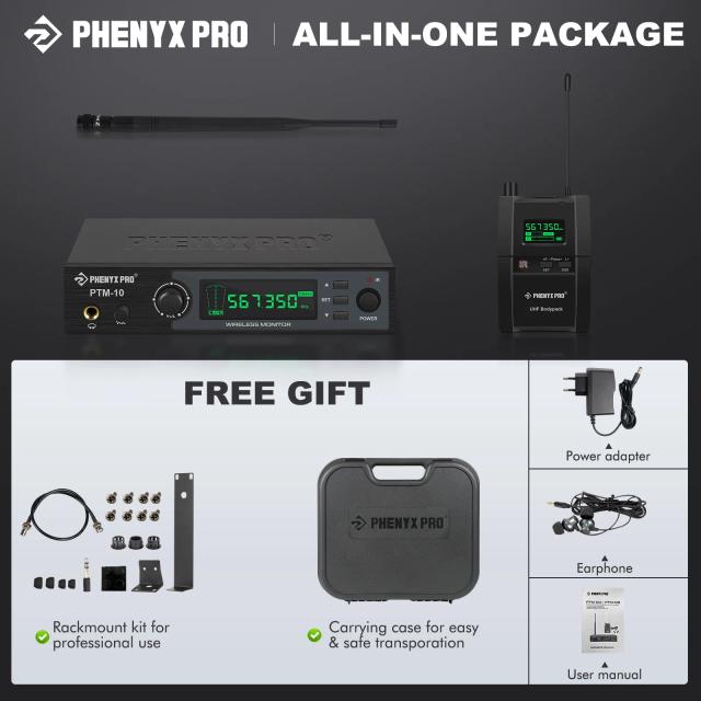 Sistema de Controle Sem Fio Epyx Pro PTM-10 com Receptor Estéreo In-Ear para Palco e Retorno em Frequências de 900MHz/500MHz