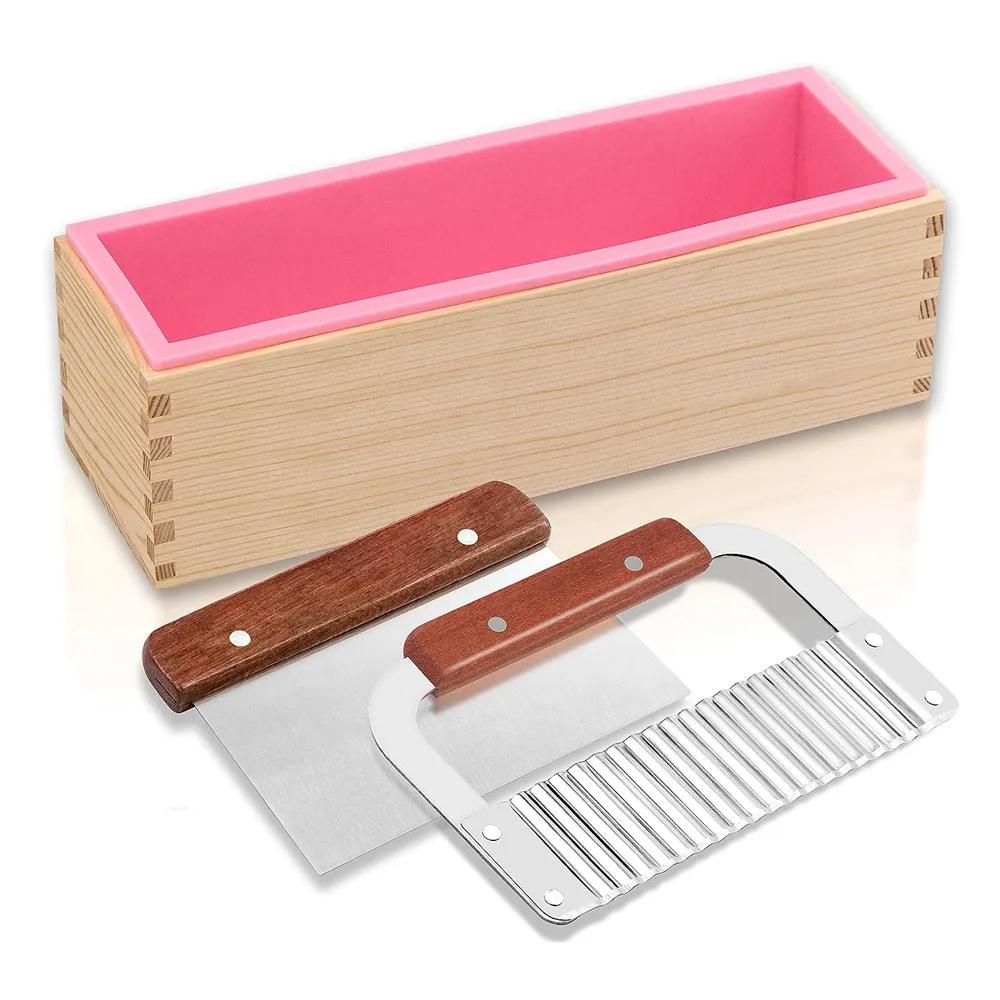 Kit de moldes de sabão de silicone 1,2l, 42 oz, molde retangular de sabão de silicone de madeira com raspador reto ondulado de aço inoxidável, faça você mesmo - Image 1