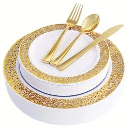 Conjunto de louça descartável dourado elegante, perfeito para festas e casamentos, inclui pratos e talheres, limpeza fácil, 100 pcs - Image 1