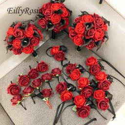 EillyRosia-Wedding Flores Acessórios Set, Bouquet de dama de honra e Boutonnieres do noivo, preto e vermelho, Borgonha - Image 5