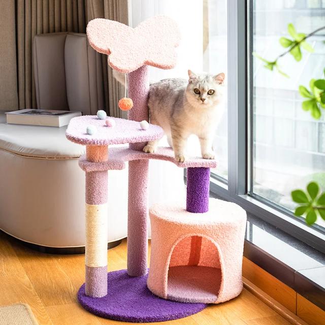 Torre de Escalada Engraçada para Gatos com Prateleiras e Playground em Pó Roxo