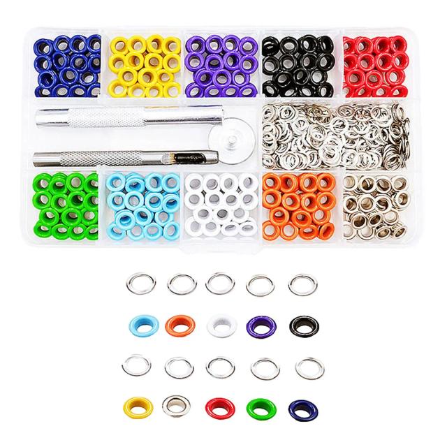 Kit Completo de Ilhós em Metal com Caixa de Transporte, Arruelas, Furador e Ferramentas para Costura de Vestuário, Trabalhos Manuais em Lona e Cinto.