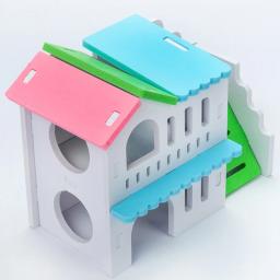 Hamster casa de madeira aninhamento habitat pequenos animais coloridos jogar cabana villa mastigar brinquedos para hamster anão sono 2 cores gaiola de rato - Image 6