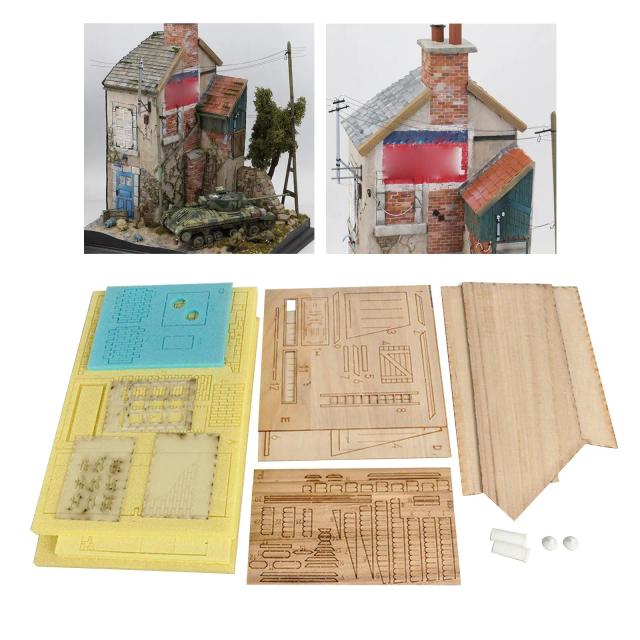 Kits de Modelo de Miniatura em Madeira não Pintados - Ruínas de Casa para Dioramas Artesanais em Escala 1/35