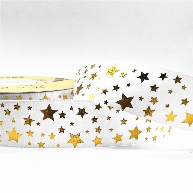 Fita de Poliéster de 25mm com Estampas de Estrelas para Artesanato, Decoração de Casamento e Natal, Embalagem de Presente DIY - 5 Jardas
