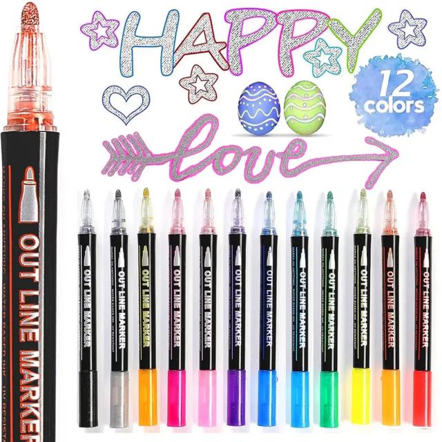 Canetas metálicas de esboço automático com glitter - Conjunto de 12 cores para cartões de Natal e artes criativas